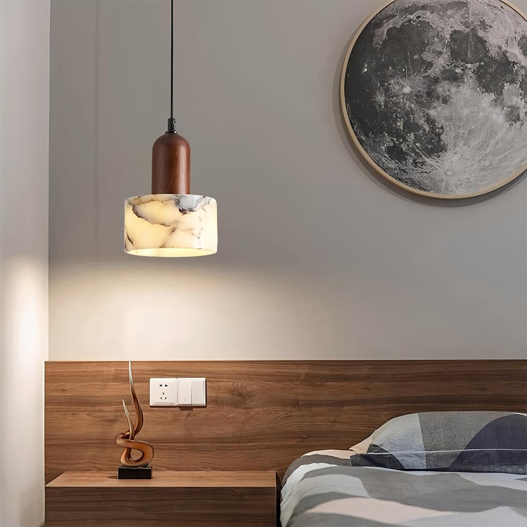 Stone And Wood Pendant Light With Warm Minimal Glow