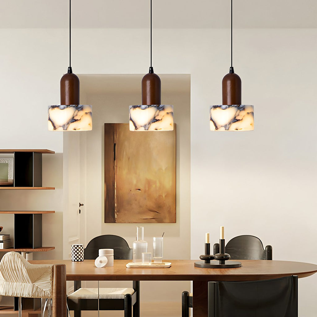 Stone And Wood Pendant Light With Warm Minimal Glow