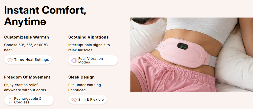 Sladdlös värmedyna för mensvärk med vibration och tre temperaturinställningar | Fioriscas