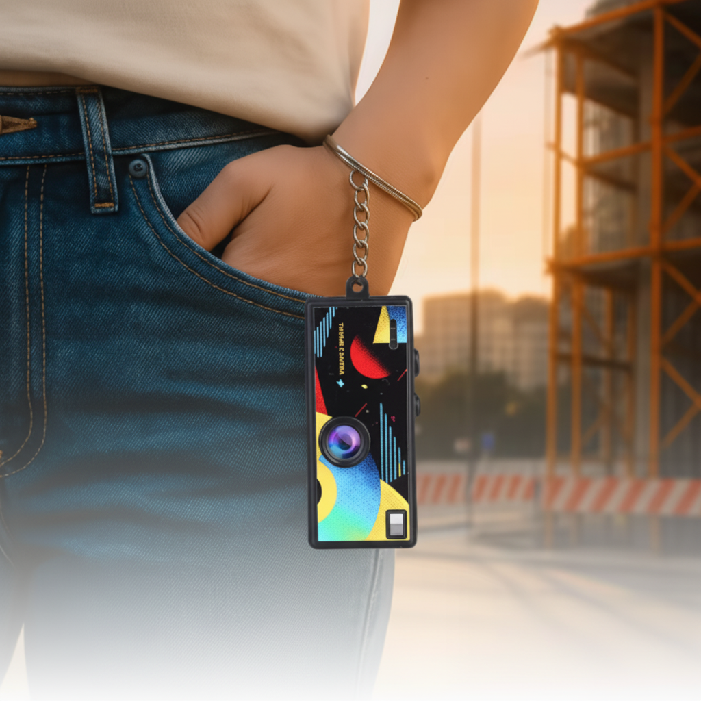Câmara retro de porta-chaves 1080P com sensor CCD, flash integrado e suporte para MicroSD de 128GB | Fioriscas