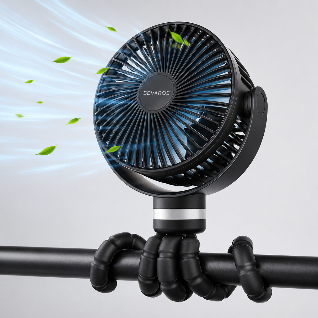 FlexGrip klemmeventilator til barnevogn, USB-genopladelig, fleksibelt stativbeslag