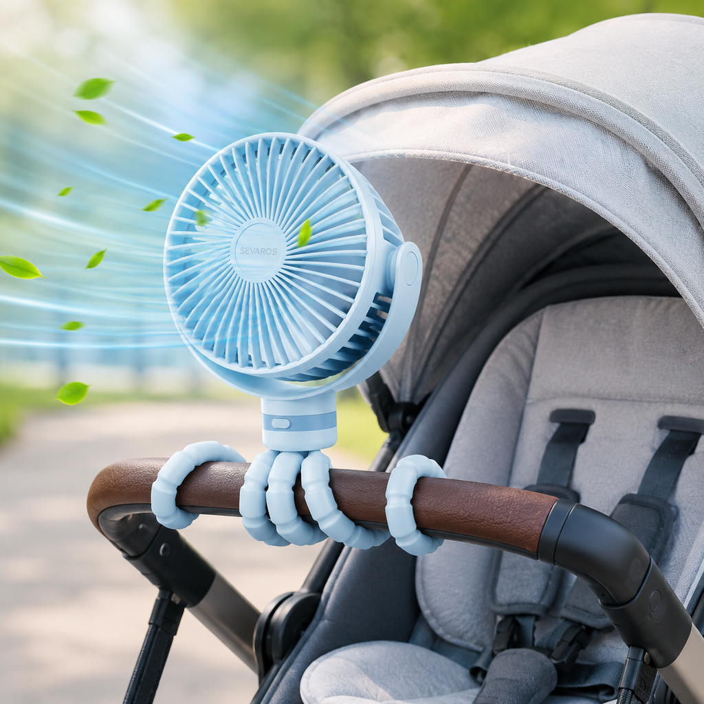 FlexGrip klemmeventilator til barnevogn, USB-genopladelig, fleksibelt stativbeslag