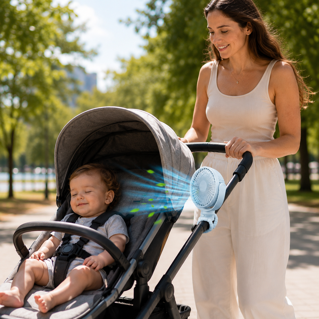 FlexGrip klemmeventilator til barnevogn, USB-genopladelig, fleksibelt stativbeslag