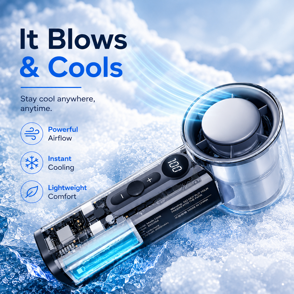 BreezeGo 3000mAh USB-C Handheld Fan For Personal Cooling On The Go