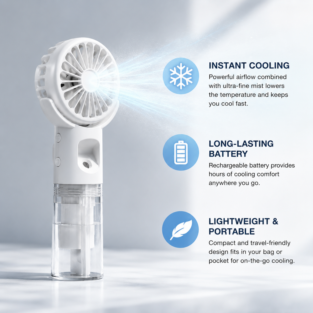 MistFlow nevelventilator draagbaar oplaadbaar handventilator voor koeling buitenshuis en op reis