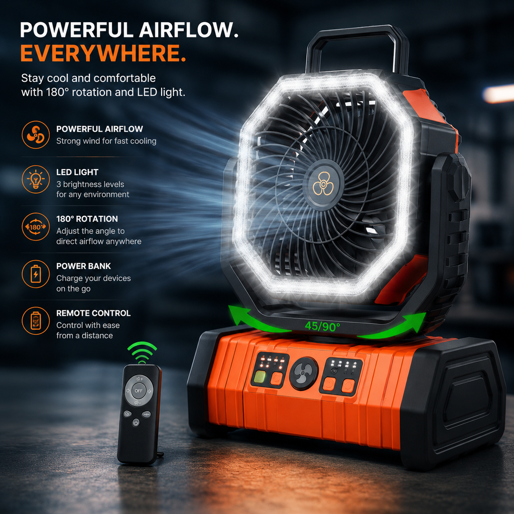 CampBreeze Battery Powered Outdoor Fan Featuring LED Lantern And Tent Light