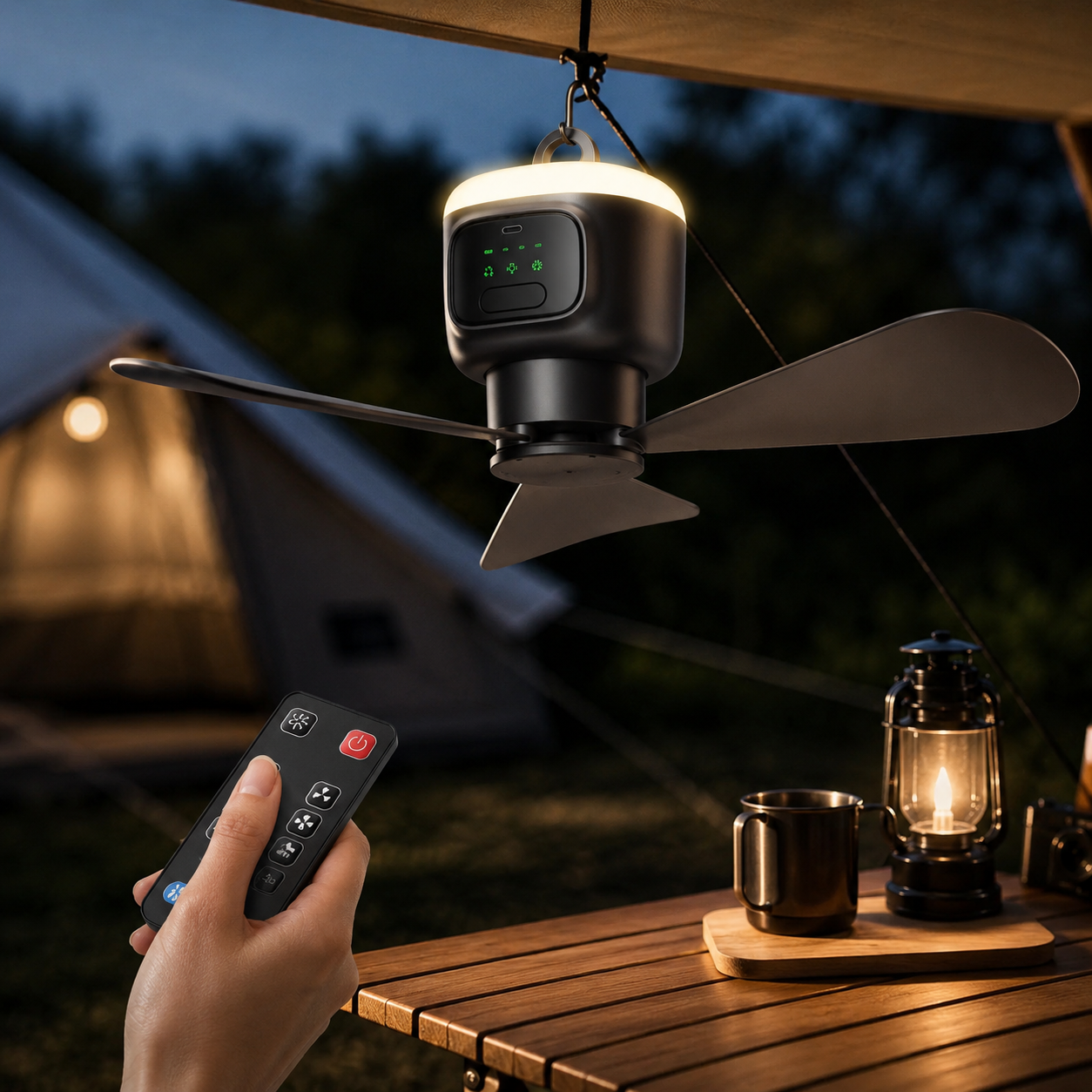 SkyBreeze 12000mAh Battery Powered Ceiling Fan For Camping With Remote And LED Light