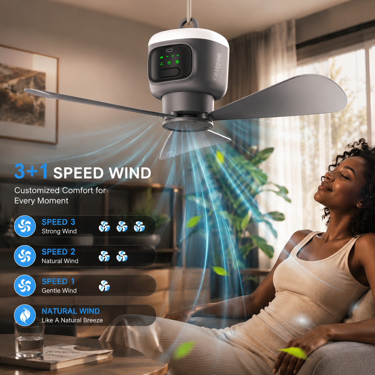 SkyBreeze 12000mAh Battery Powered Ceiling Fan For Camping With Remote And LED Light