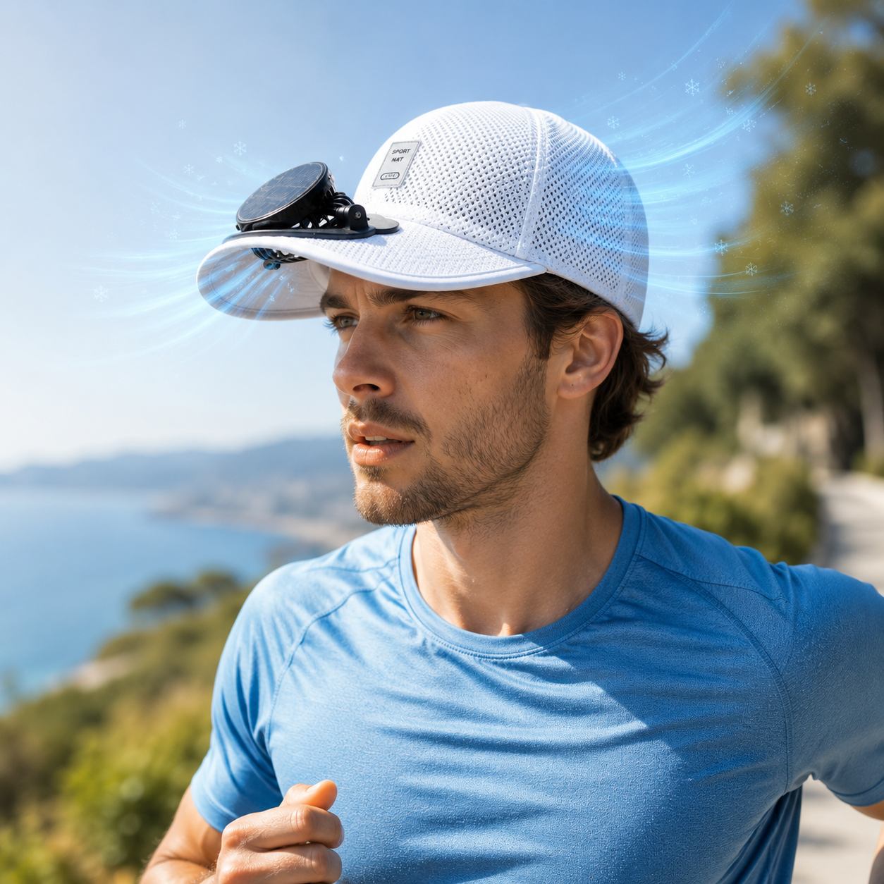 Solar Powered USB Cap With Integrated Fan For Outdoor Use