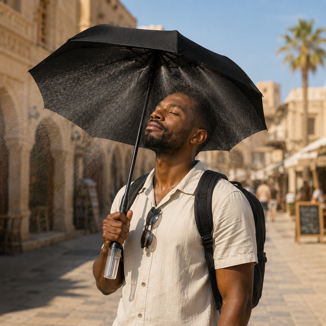 Cordless Cooling Umbrella With Fan And Mist Spray For UV Protection