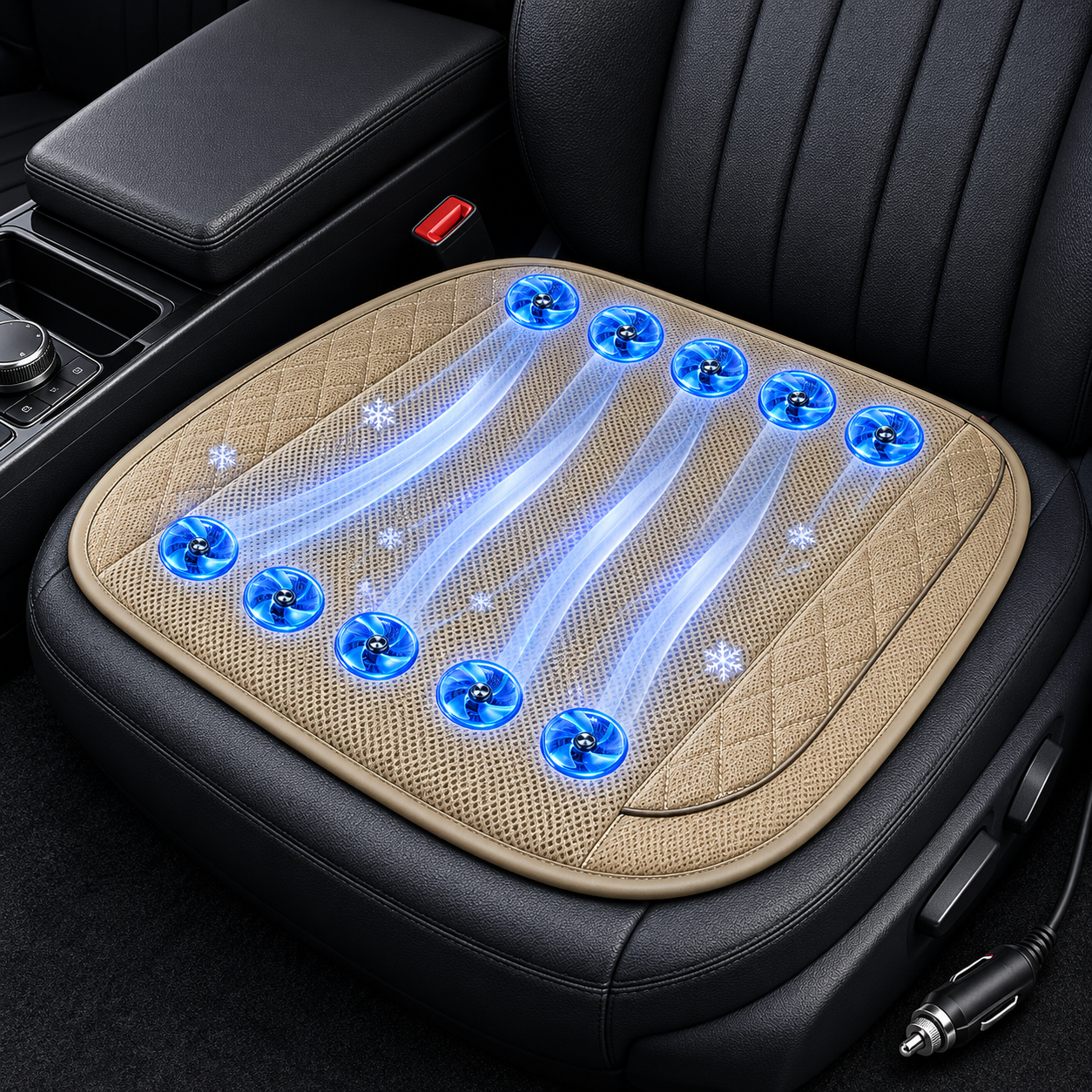 Car Ventilated Seat Cushion With Ten Fans, USB 12V/24V Cooling Pad
