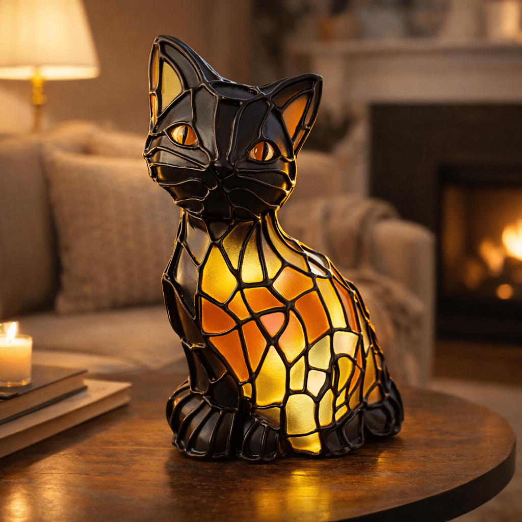 Artistic Tiffany Cat Lamp with Warm Amber Glow - Fioriscas