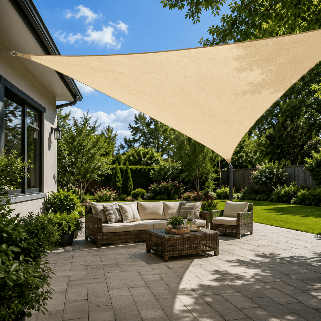 Triangle Sun Shade Sail Over Garden Area For Patio