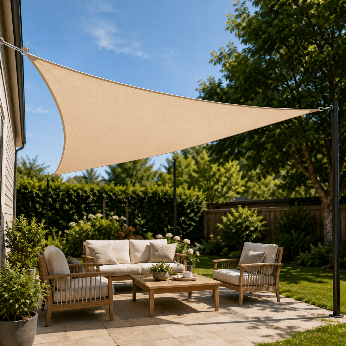 Triangle Sun Shade Sail Over Garden Area For Patio