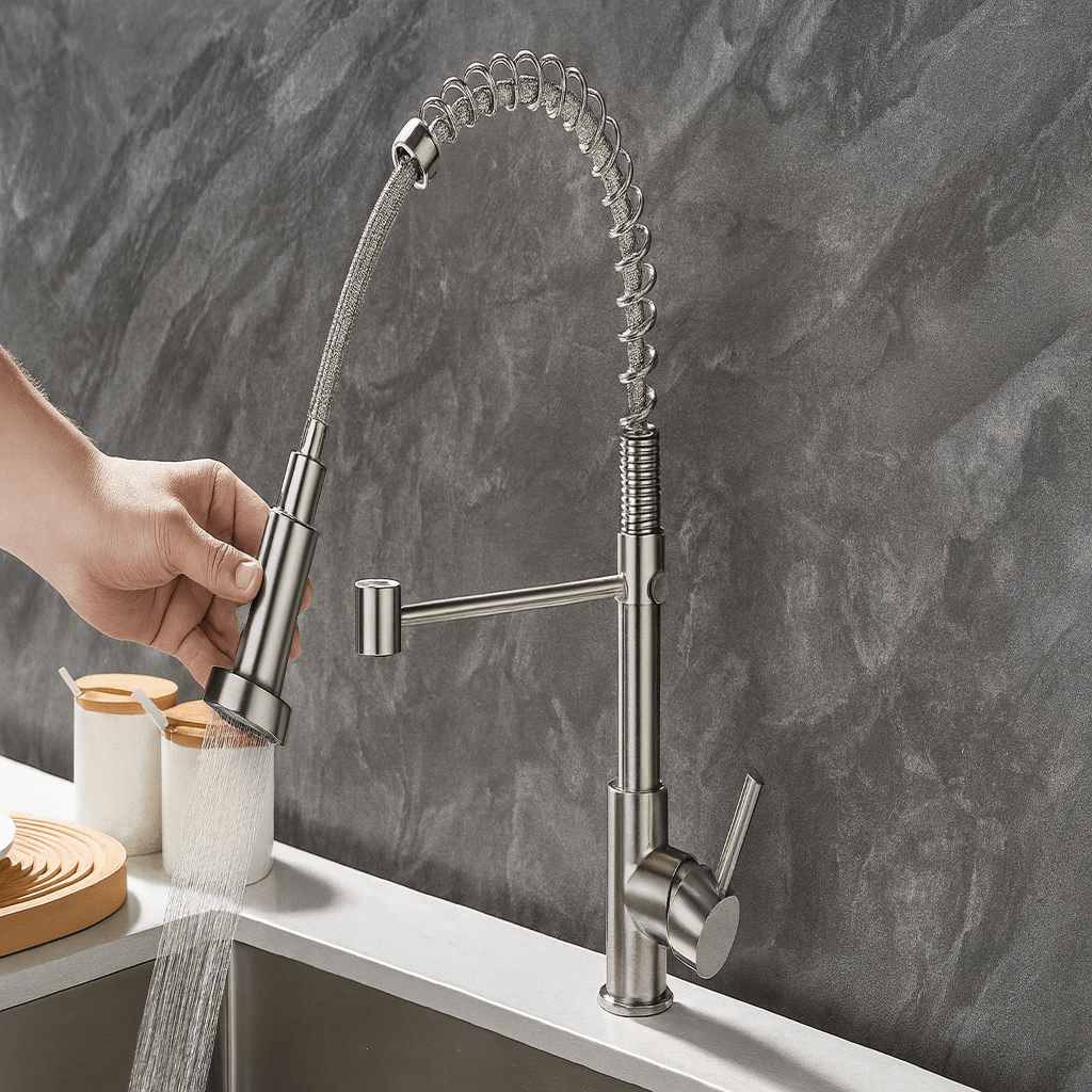 Robinet de cuisine moderne à double bec, avec une élégante finition noire et dorée - Fioriscas
