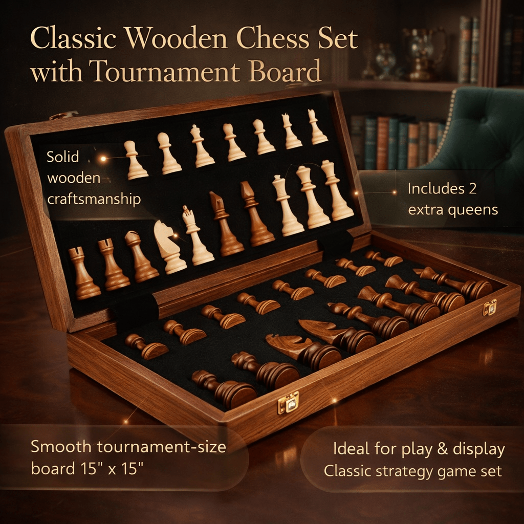 Chess Set, Solid Wood Tournament Board, Classic Hand-Carved Pieces