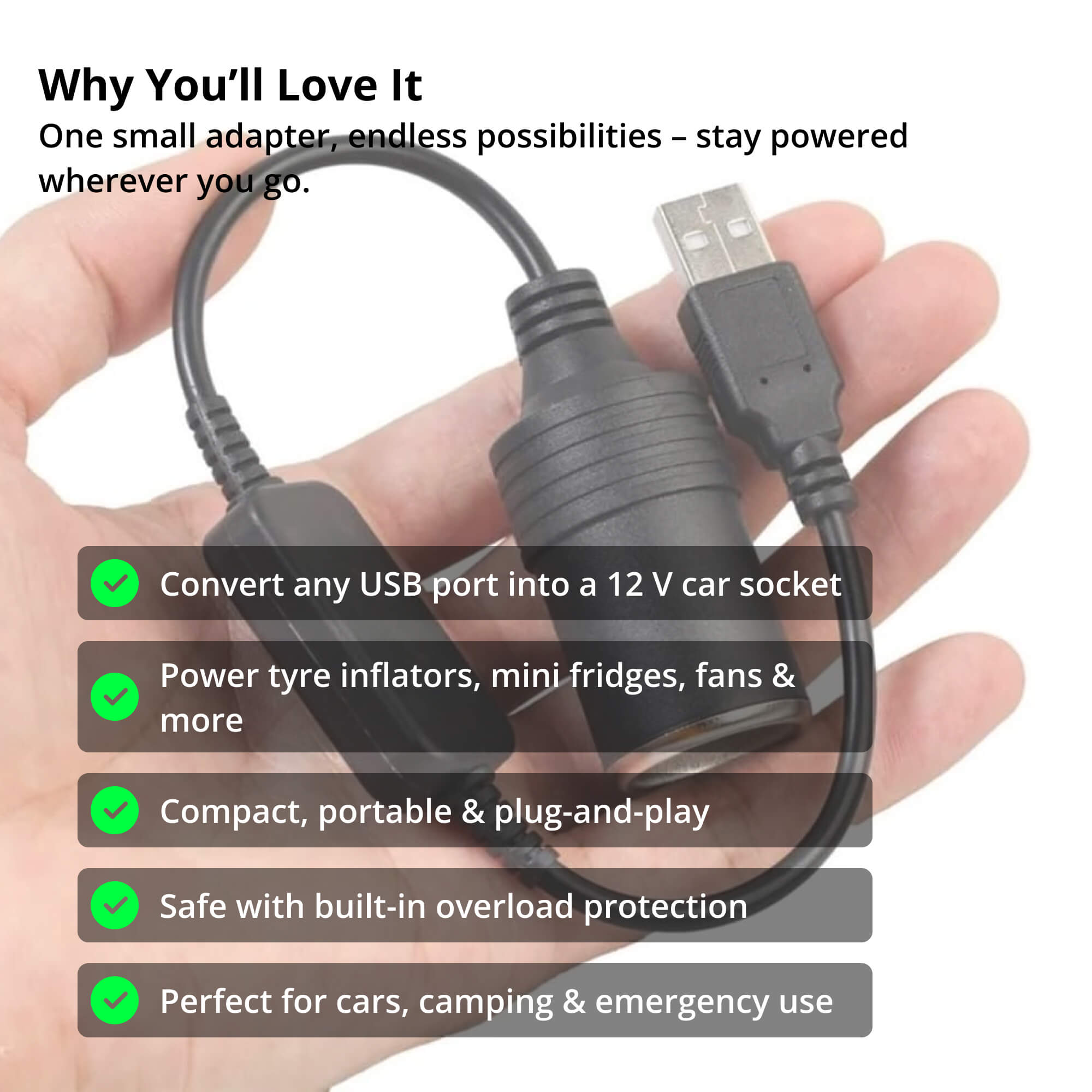 VoltMate 12V-aansluitingsconverter, maakt van elke USB-poort een autoaansluiting