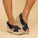 Espadrile negre cu toc ortopedic și barete elastice, pentru ținute elegante de vară | Fioriscas