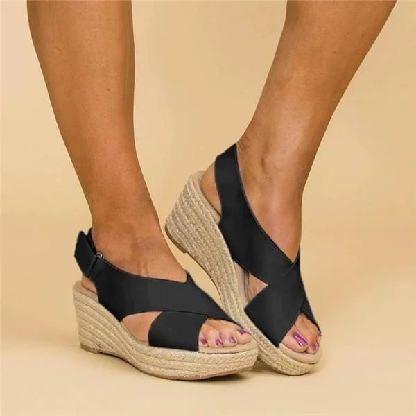Espadrile negre cu toc ortopedic și barete elastice, pentru ținute elegante de vară | Fioriscas