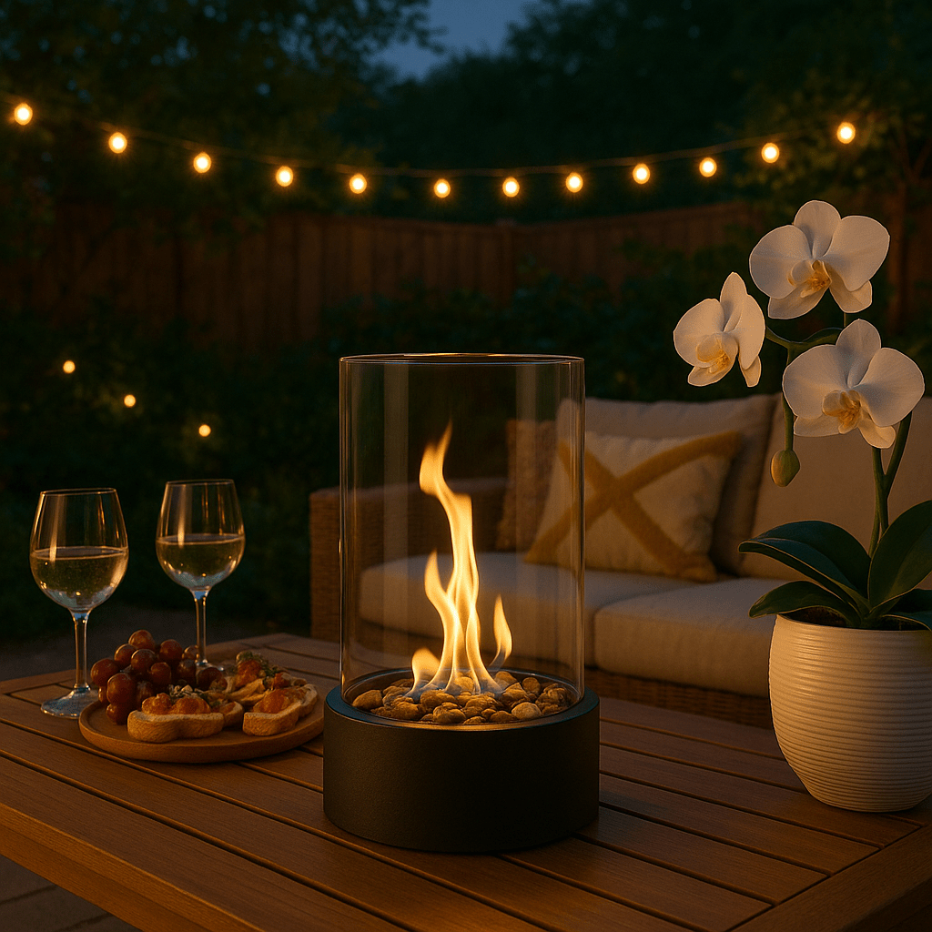 Moderner Tischkamin mit echten Flammen und rauchloser Bioethanol-Befeuerung - Fioriscas