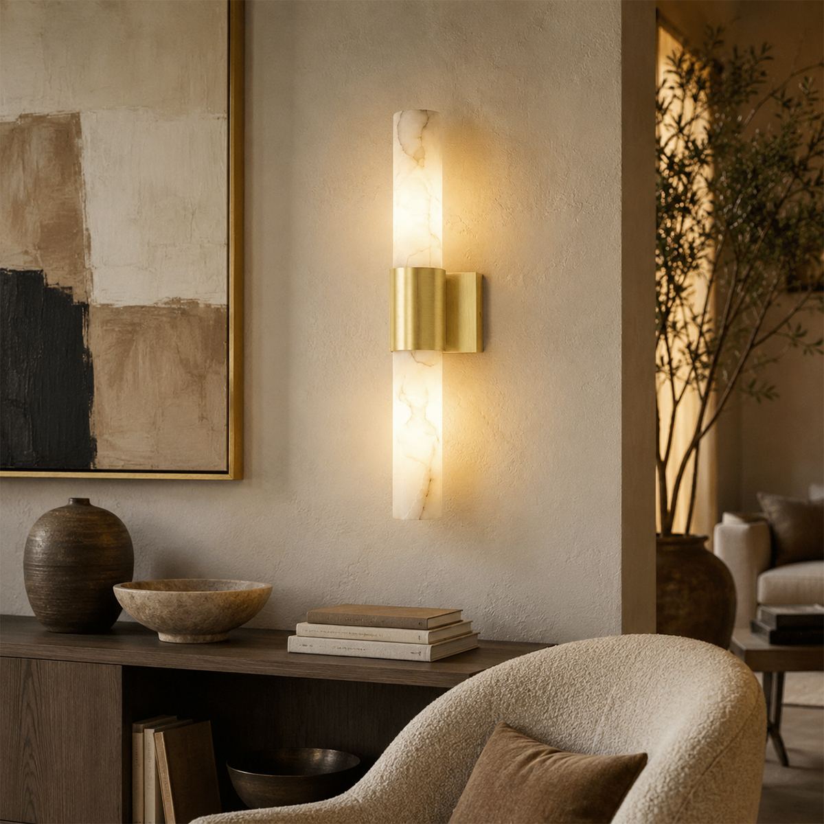 Aplique de pared Aurora de cobre y mármol para pasillos modernos