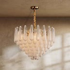 Mid Century Glass Petal Chandelier With Circular Frame And Gold Trim