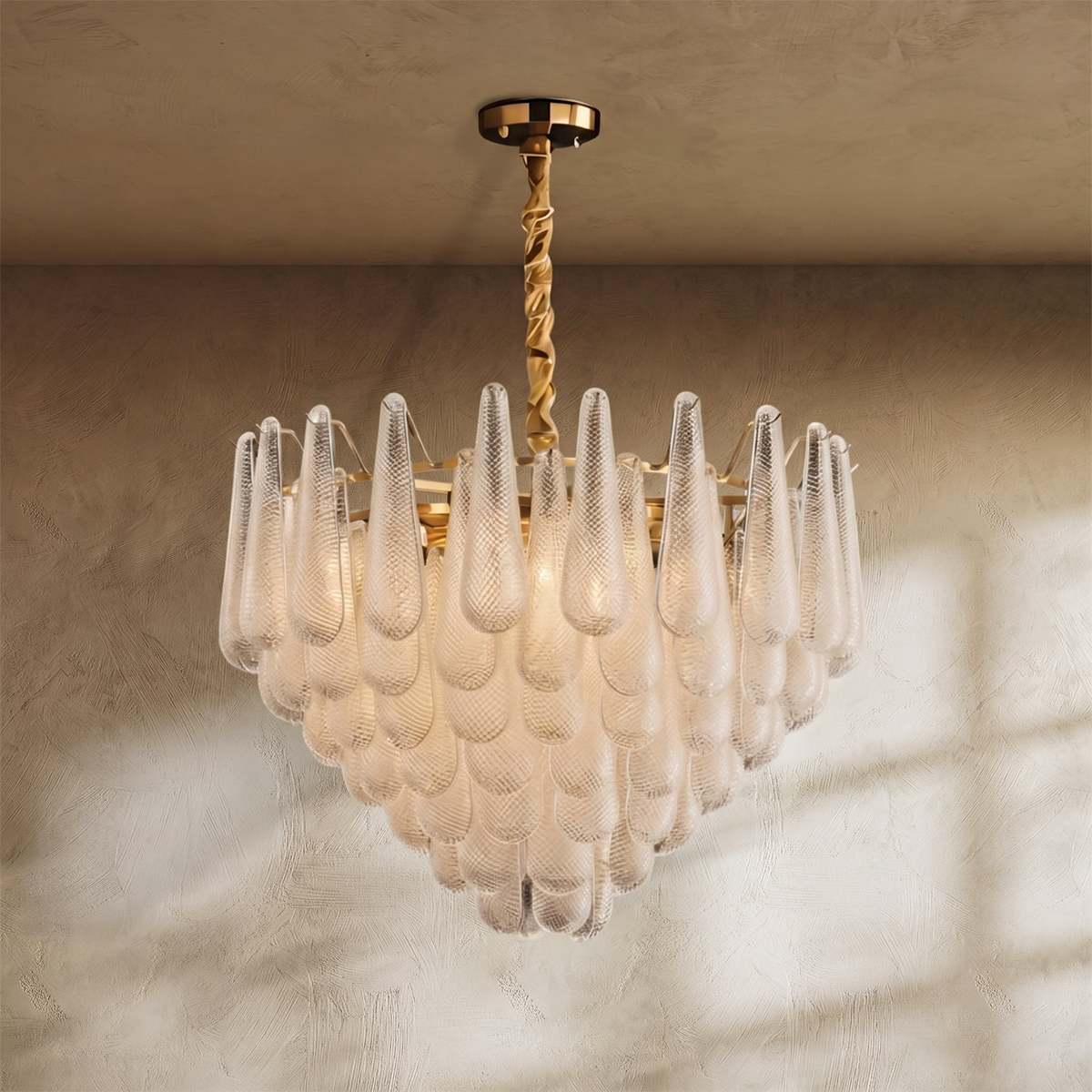 Mid Century Glass Petal Chandelier With Circular Frame And Gold Trim