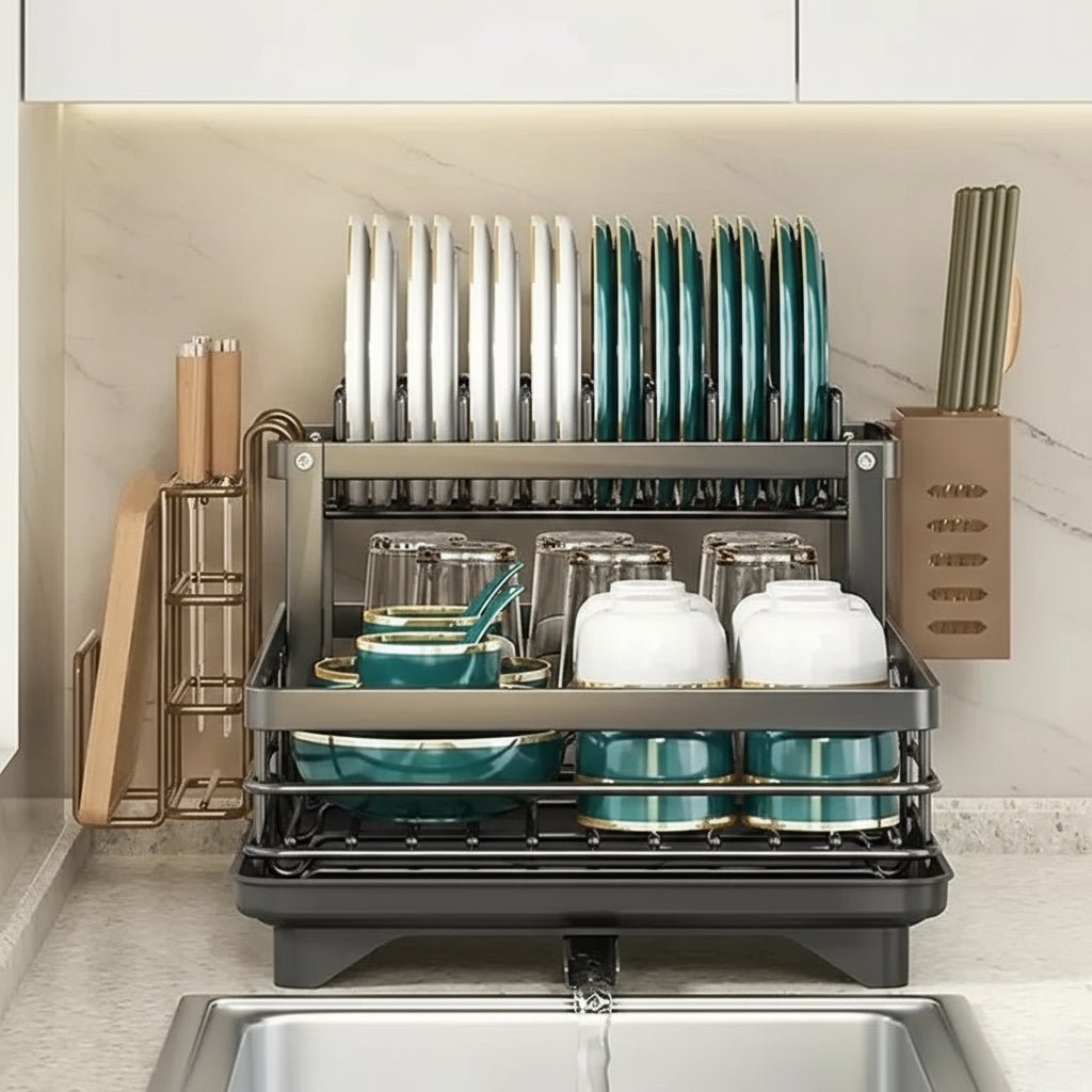 Foldable stainless steel dish rack, space-saving design for modern kitchens - Fioriscas