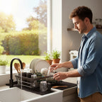 Foldable stainless steel dish rack, space-saving design for modern kitchens - Fioriscas