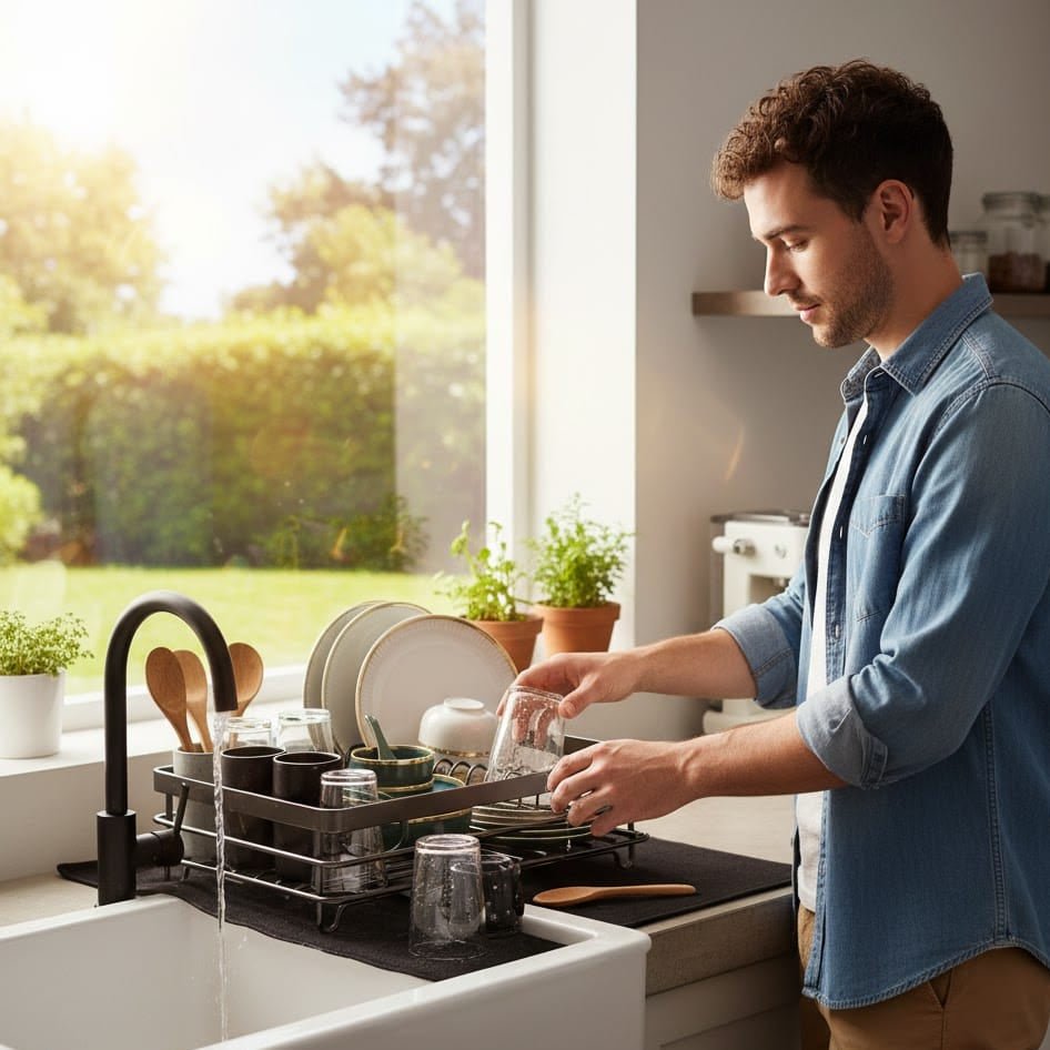 Foldable stainless steel dish rack, space-saving design for modern kitchens - Fioriscas