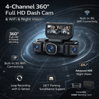 Cameră de bord la 360 de grade, cu patru canale, Full HD, WiFi și vedere nocturnă | Fioriscas