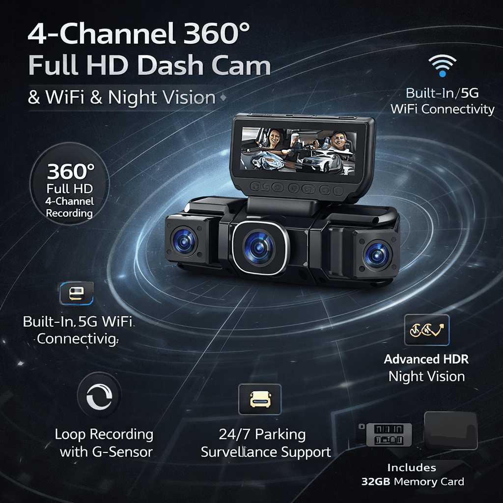 Cameră de bord la 360 de grade, cu patru canale, Full HD, WiFi și vedere nocturnă | Fioriscas