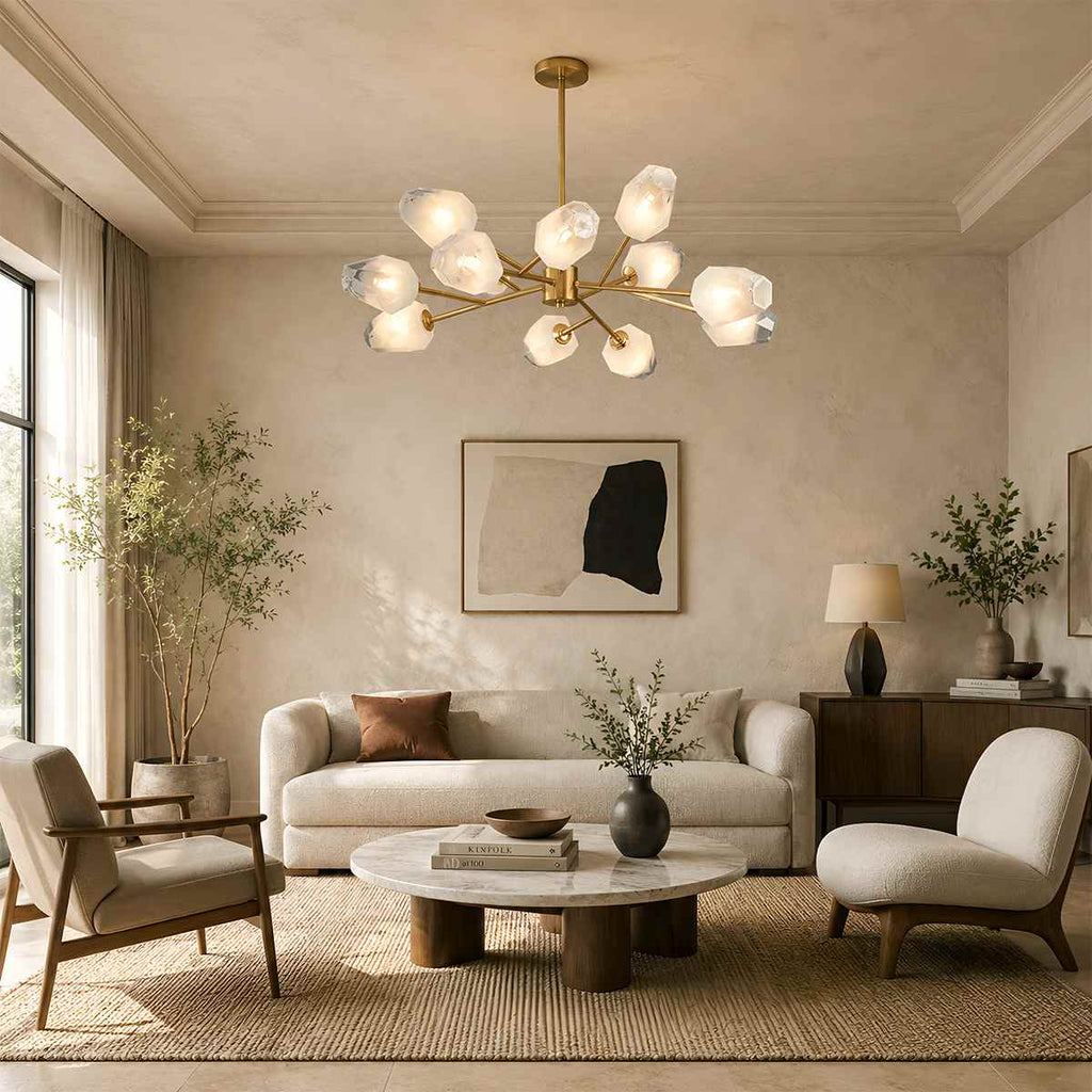 Luxora kopparkrona med frostat geometriskt glas och borstad guldfinish