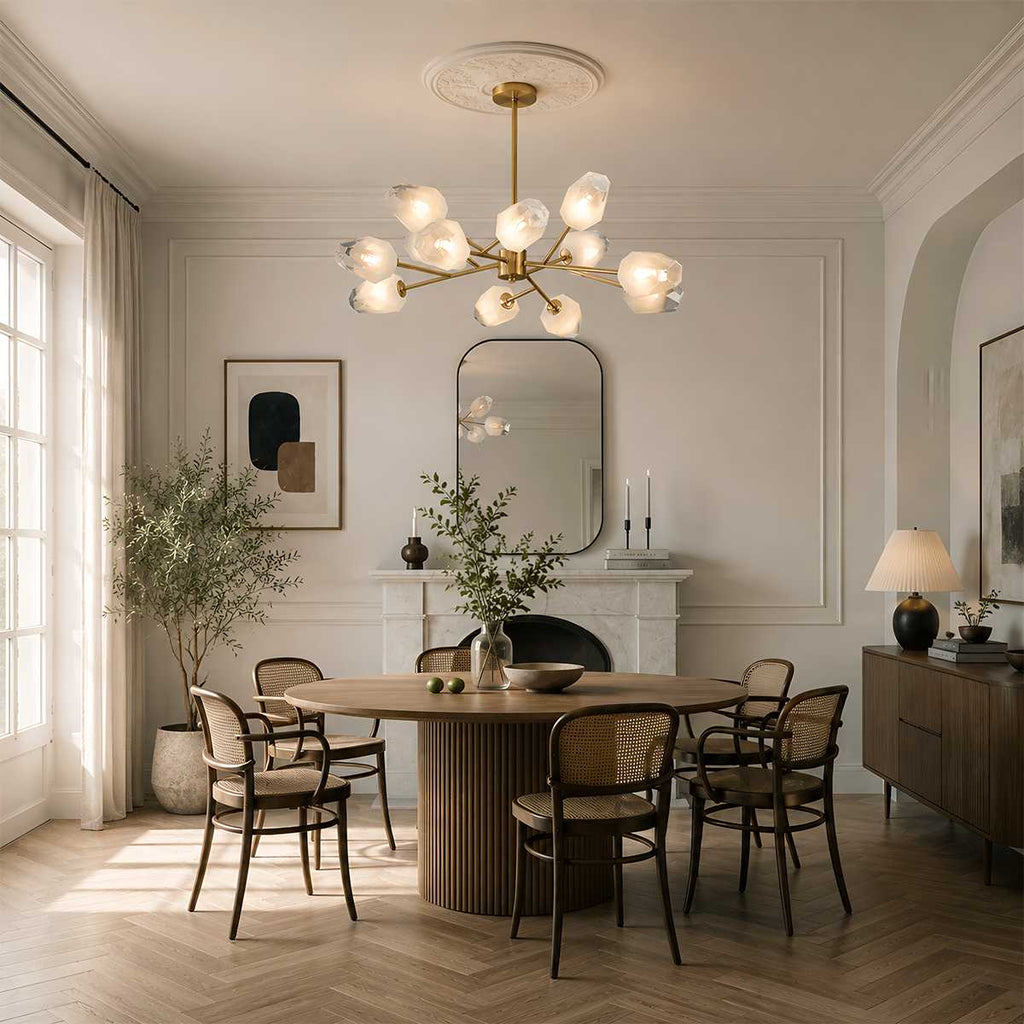 Luxora kopparkrona med frostat geometriskt glas och borstad guldfinish