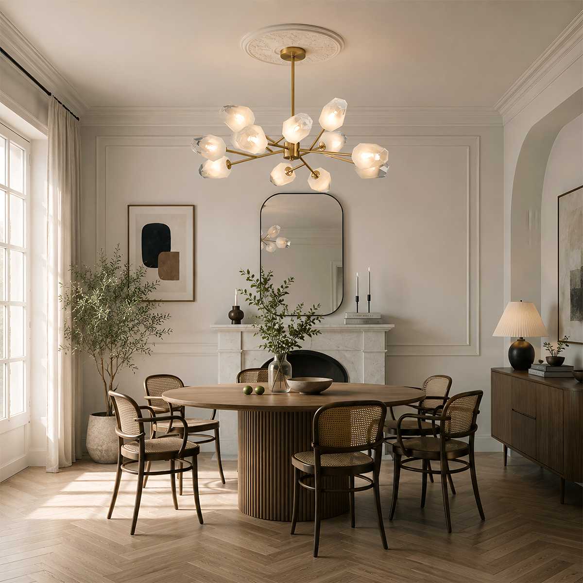 Luxora kopparkrona med frostat geometriskt glas och borstad guldfinish