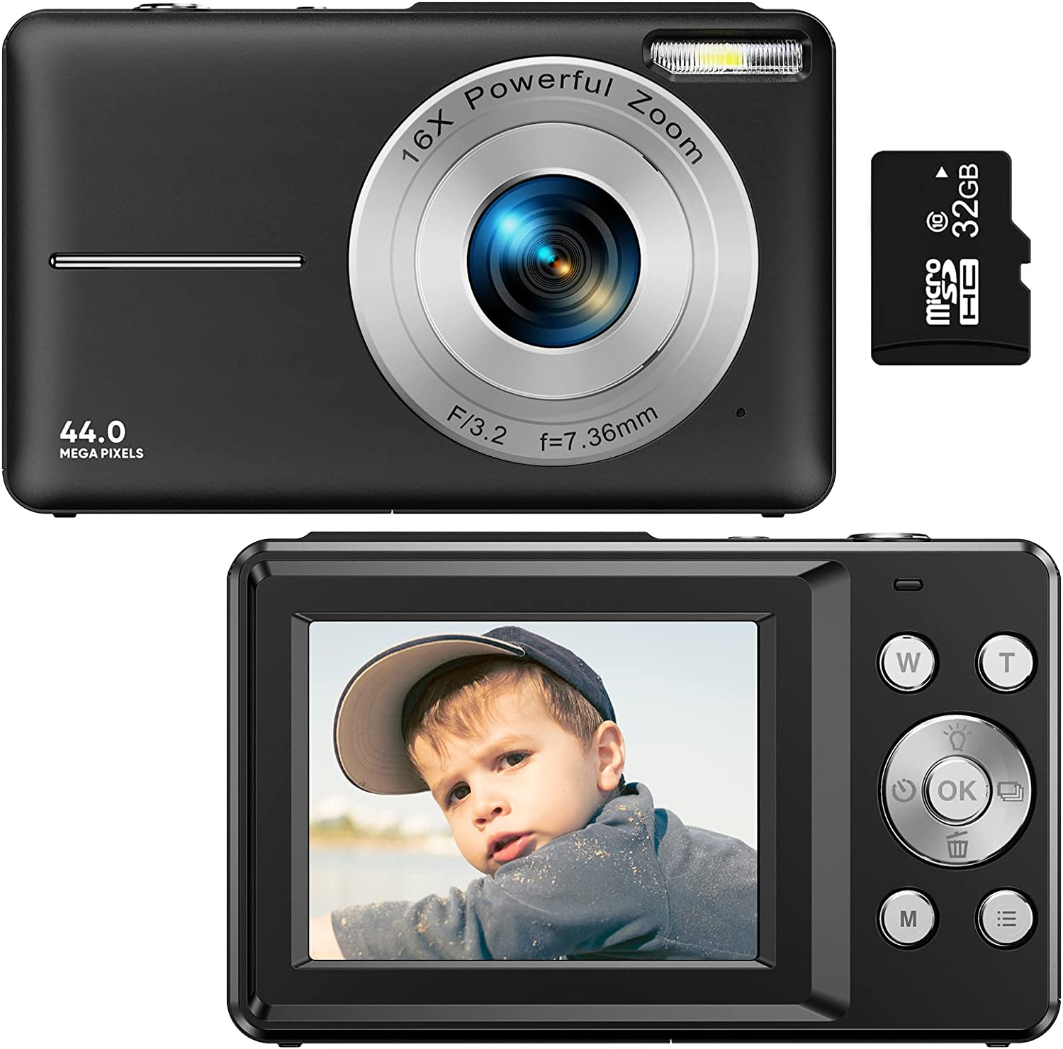 Videocamera ricaricabile per vlog con zoom 16x, foto da 44 MP e video 1080P