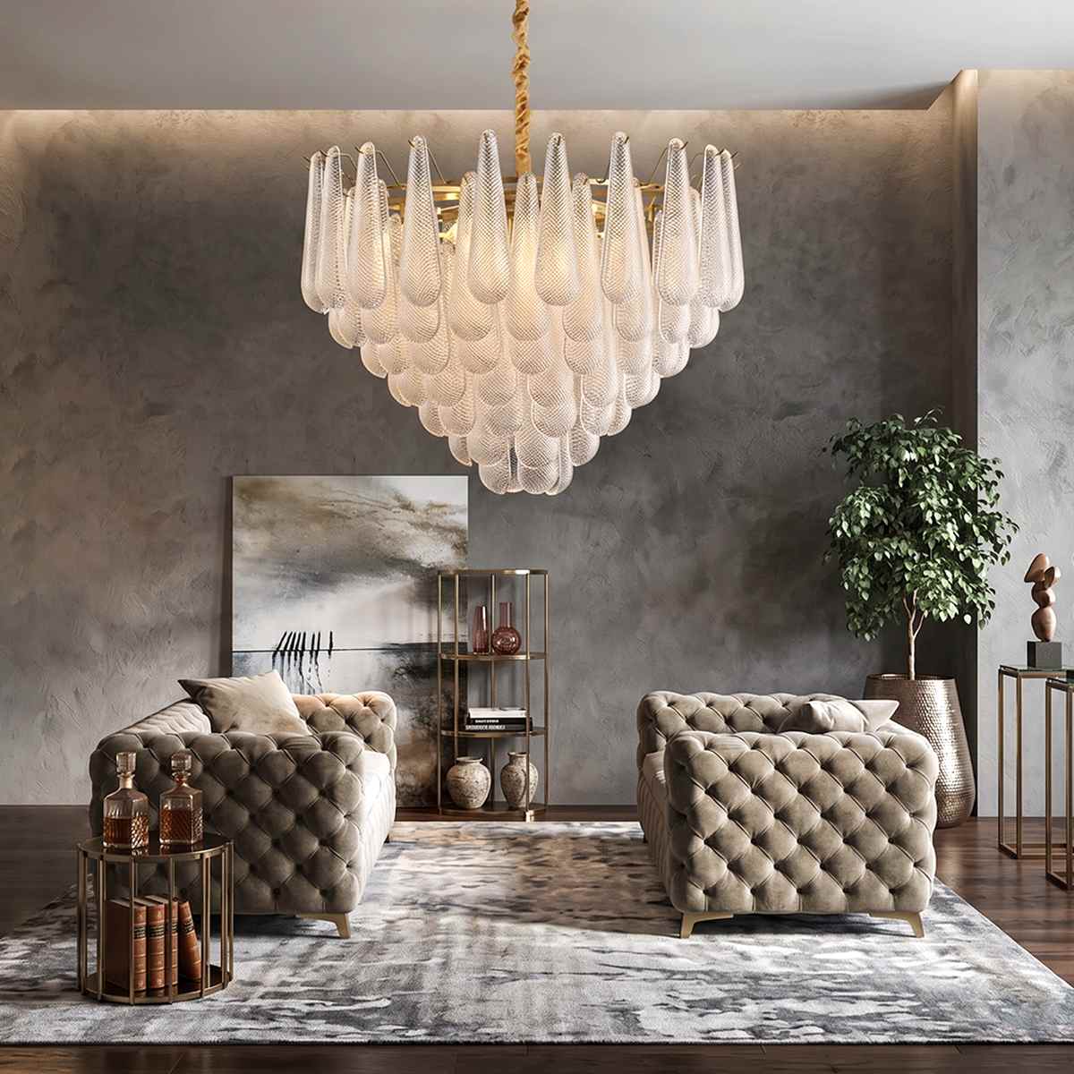 Mid Century Glass Petal Chandelier With Circular Frame And Gold Trim