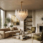 Mid Century Glass Petal Chandelier With Circular Frame And Gold Trim