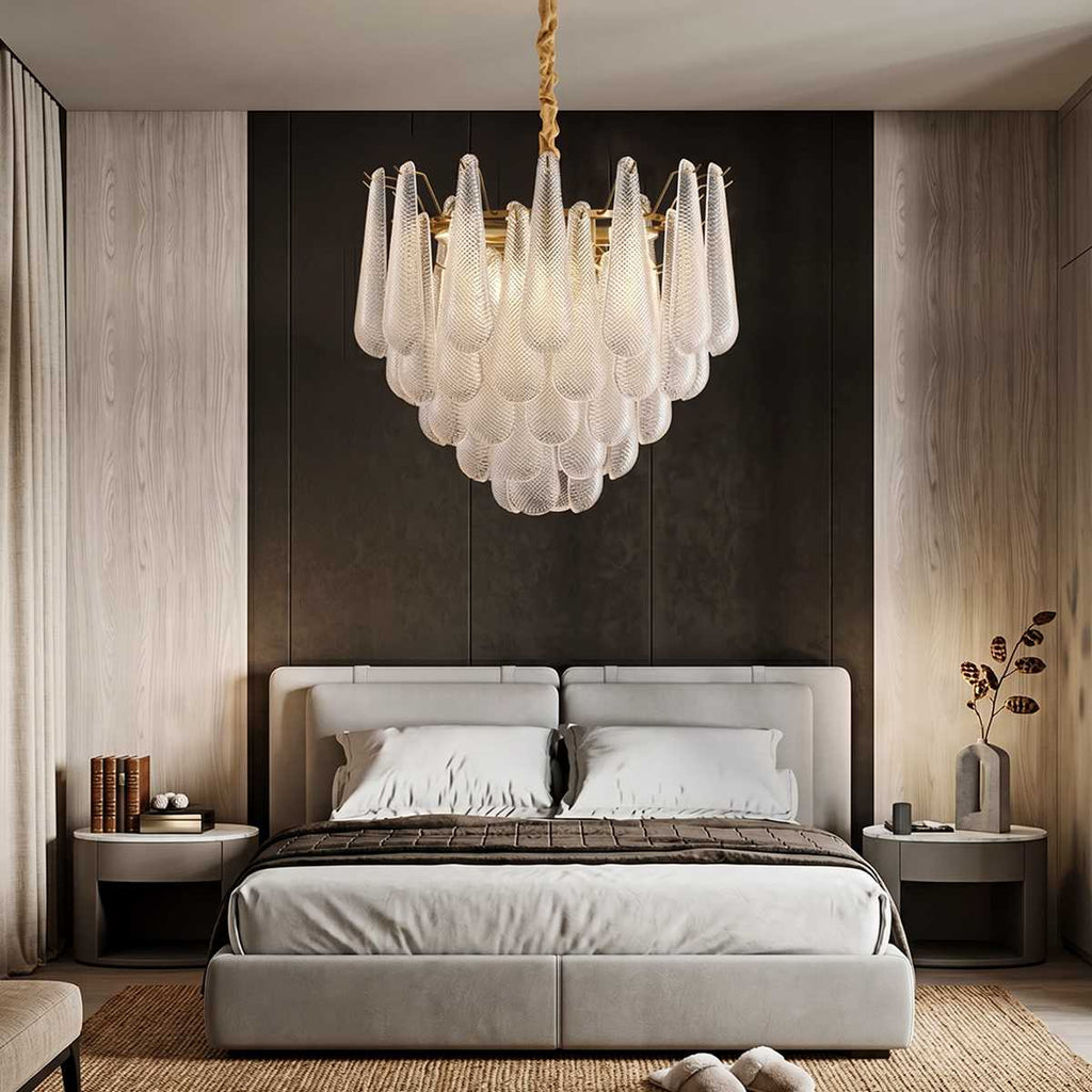 Mid Century Glass Petal Chandelier With Circular Frame And Gold Trim