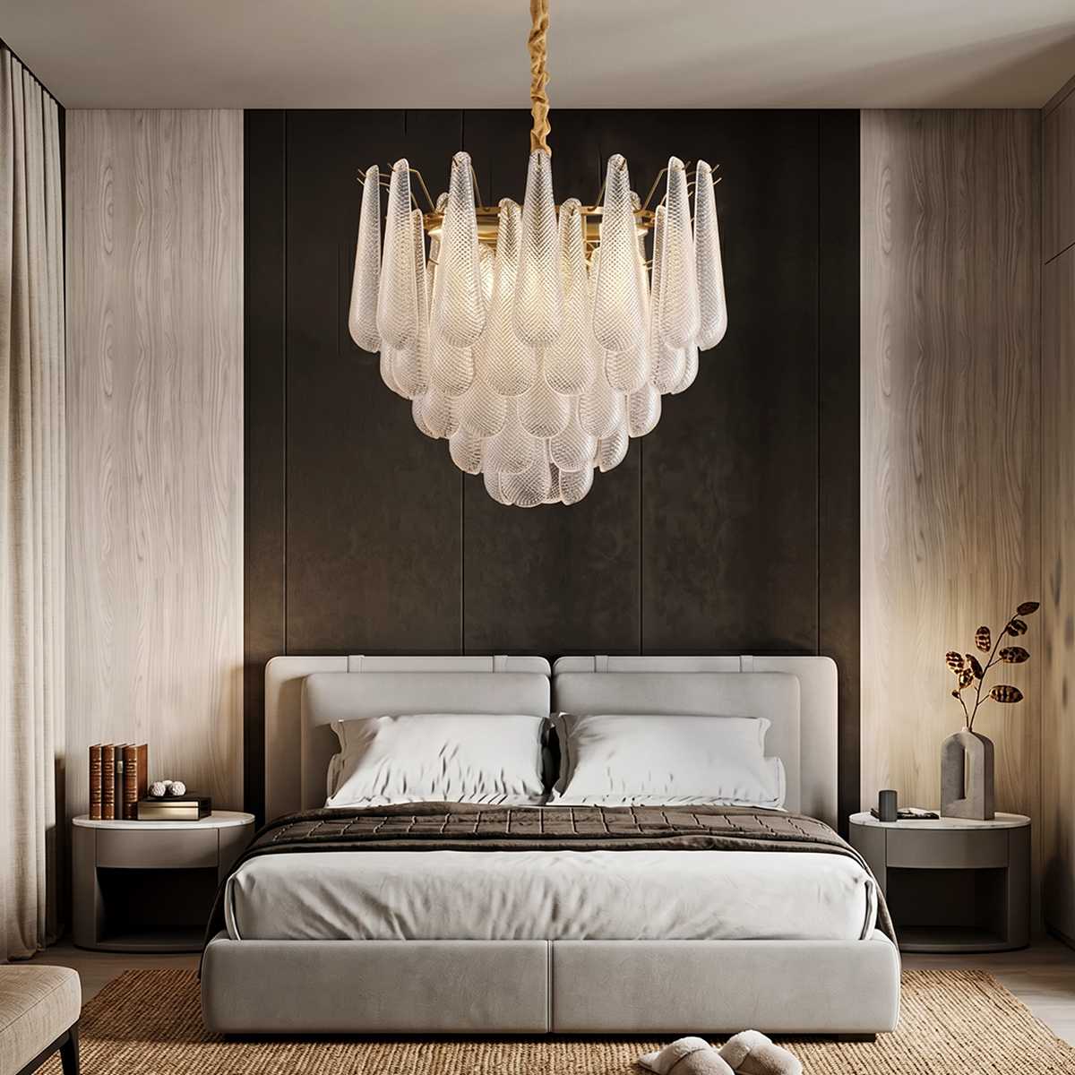 Mid Century Glass Petal Chandelier With Circular Frame And Gold Trim
