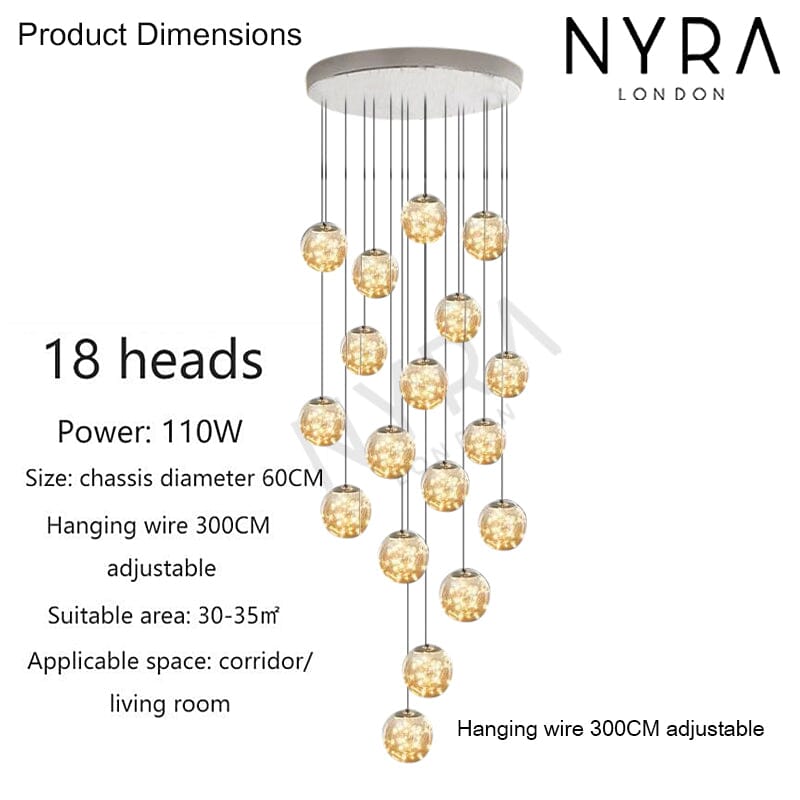 Glass Orb Staircase Chandelier, Brushed Stainless Frame, Cascading LED Design