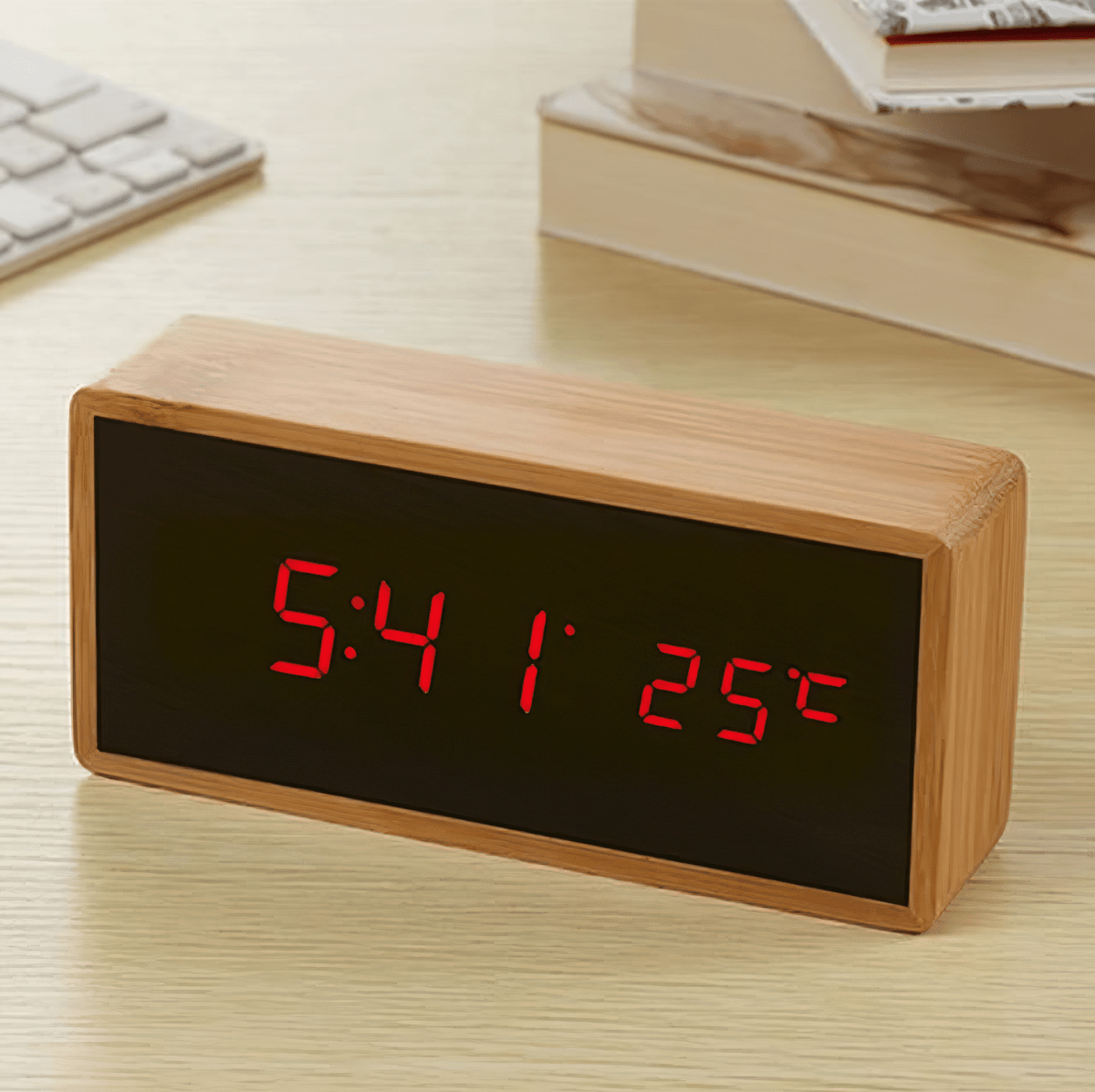 Minimalistyczny budzik bambusowy LED z wyświetlaczem temperatury - Fioriscas