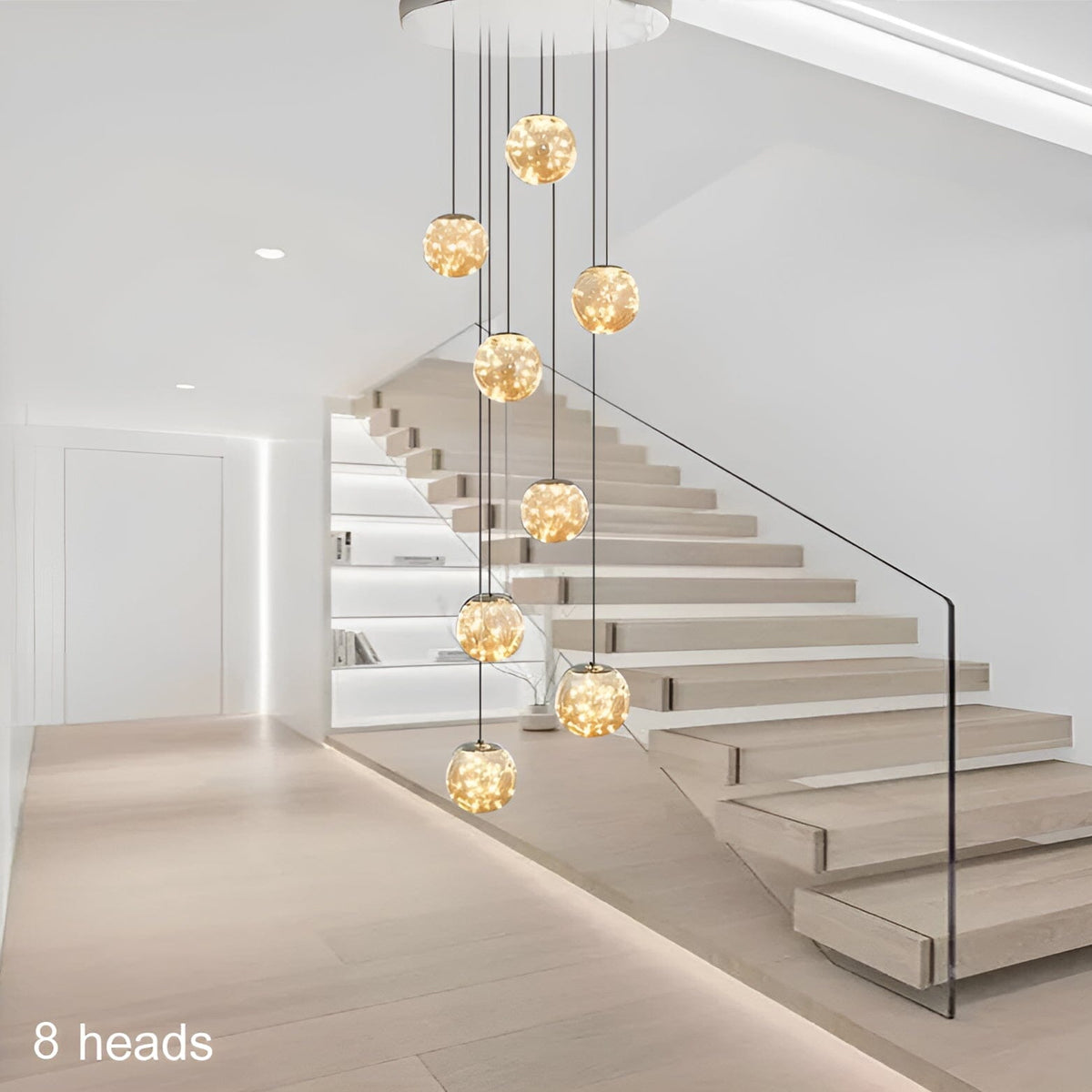 Glass Orb Staircase Chandelier, Brushed Stainless Frame, Cascading LED Design