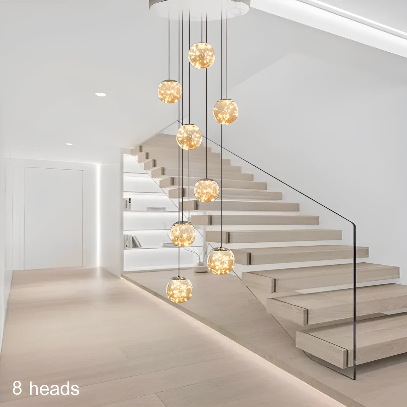 LuminaOrb Staircase Chandelier With Glass Orb Cluster, Warm LED Glow