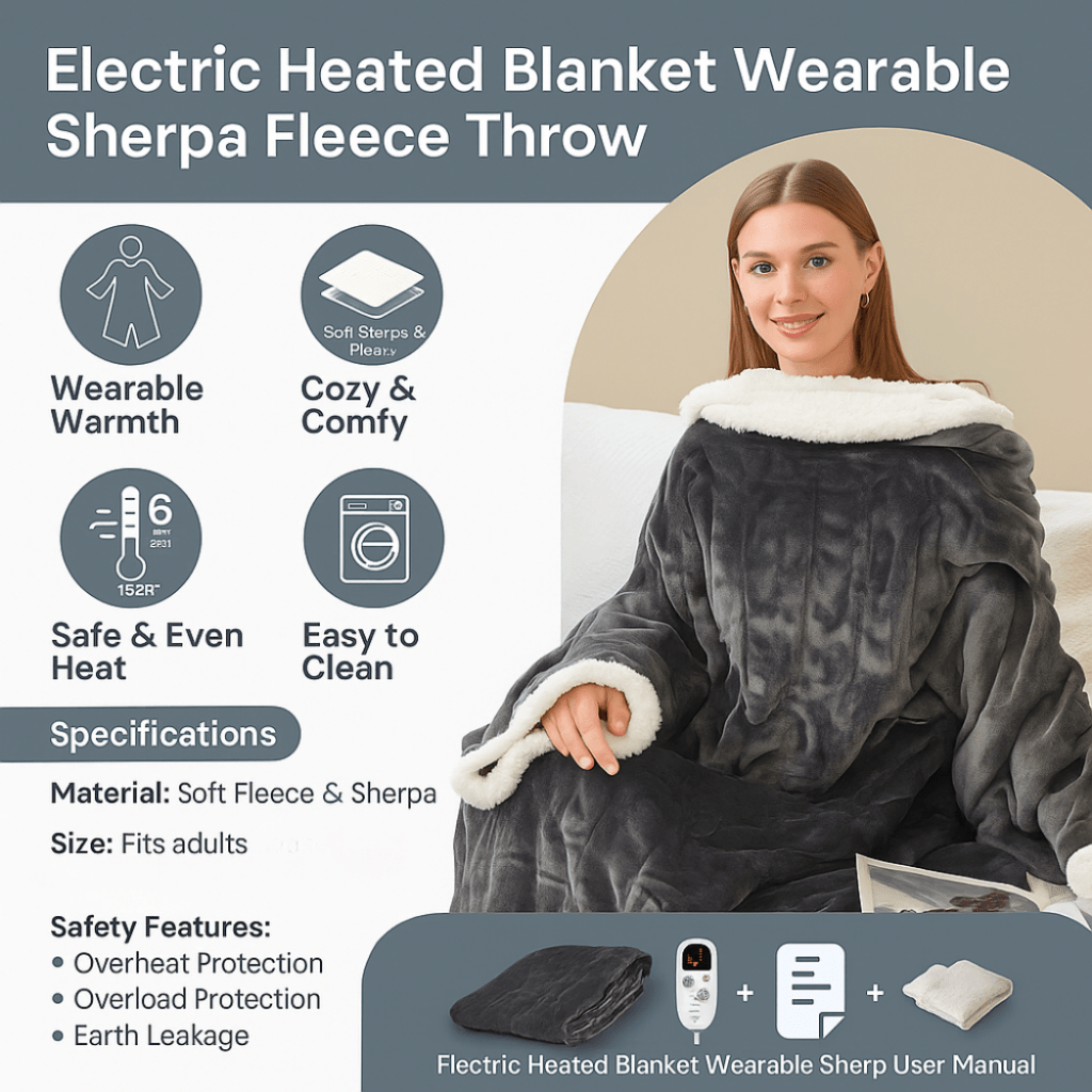 Wearable Heated Sherpa Fleece Blanket With Sleeves For Seniors