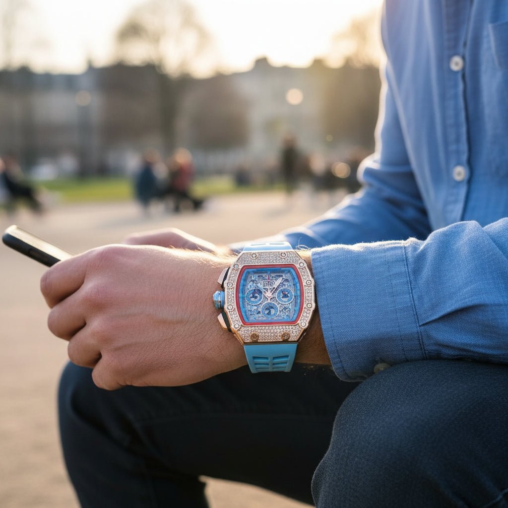Elegante Herren Uhr Tonneau mit Strassverzierung – Hochwertige Armbanduhr für jeden Anlass 5