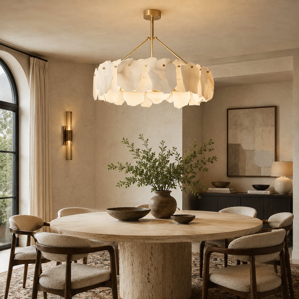 Petalwisp Copper Alabaster Chandelier With Sculptural Panels