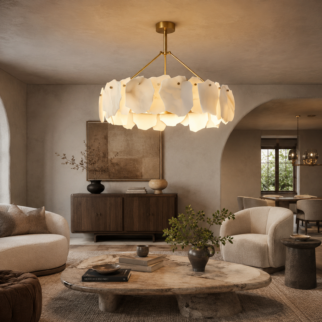 Petalwisp Copper Alabaster Chandelier With Sculptural Panels