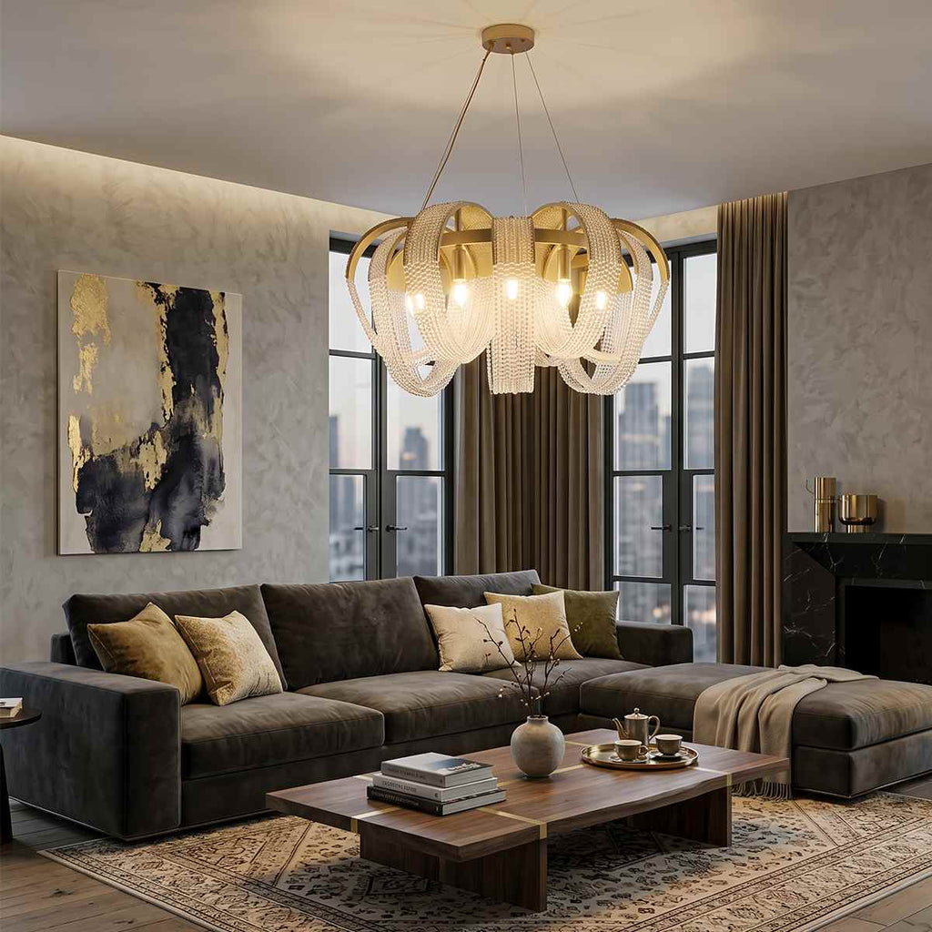 Aurelia Crystal Bead Chains Chandelier in Gold Plated Finish
