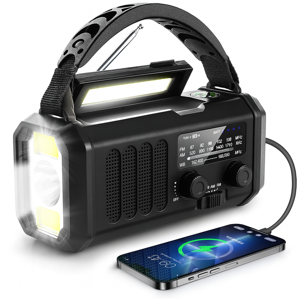 Solární nouzové rádio s powerbankou o kapacitě 10 000 mAh a ručním dynamem, SolAid